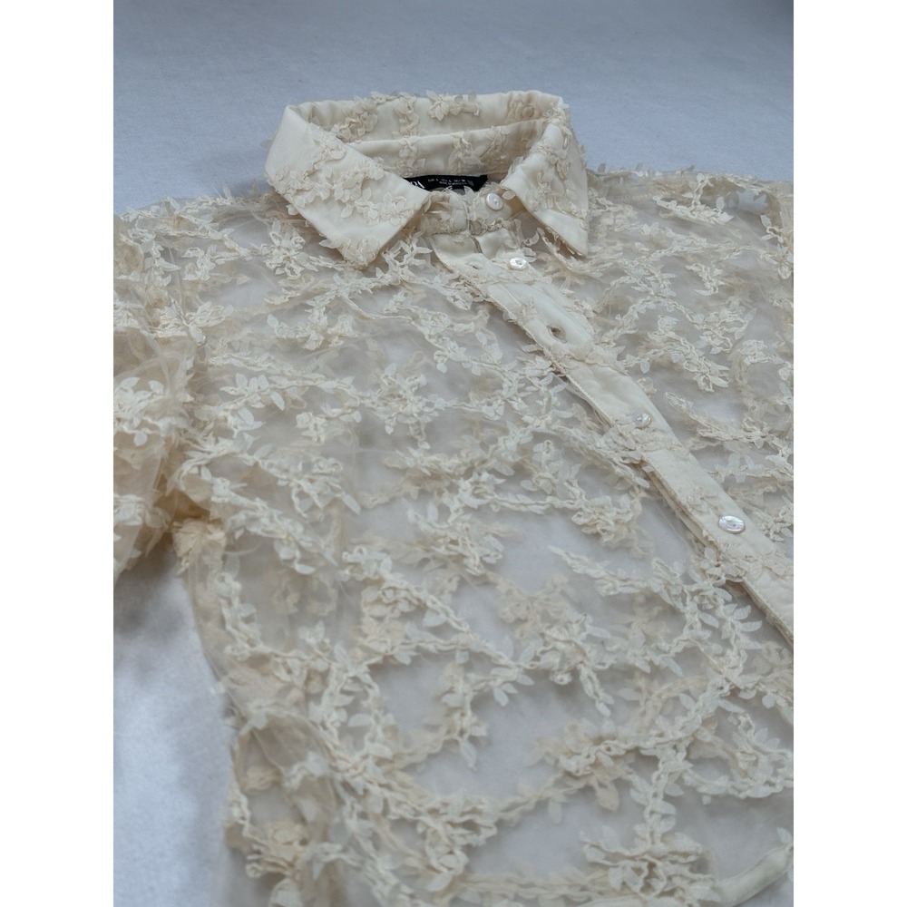 ZARA Cream Sheer Floral Lace Embroidered Cropped Balloon Sleeve Blouse Women's L - Picture 3 of 11